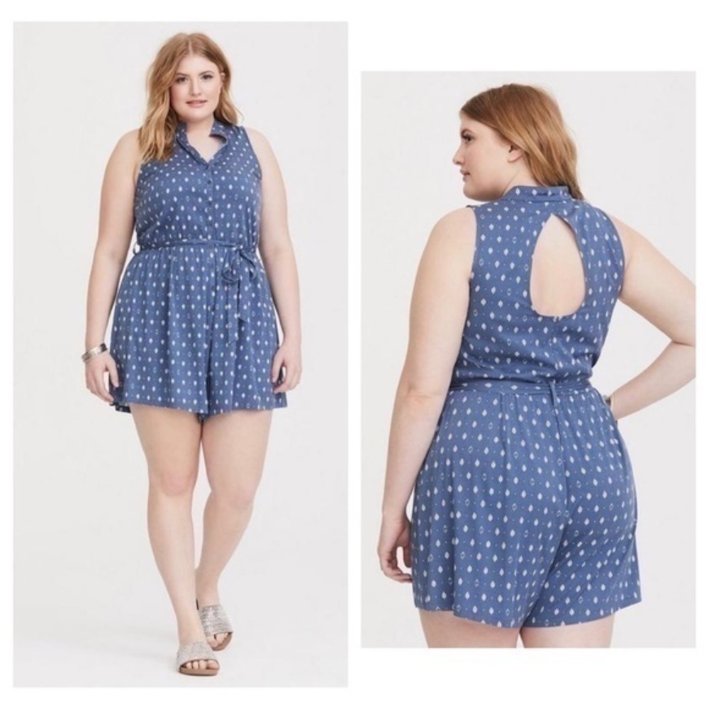 Torrid Blue Tribal Track Challis Button-Front Romper 00 Medium Large 10 AE19